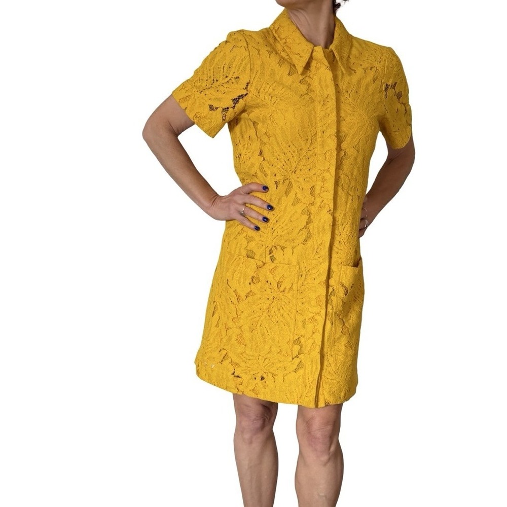 Ted Baker Rille Lace Shirt Dress Short Sleeve Button Down Yellow Mini Women's M - Picture 12 of 16